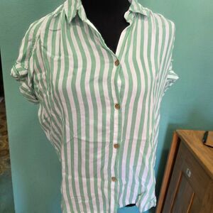 beach lunch lounge collection womens S green/white striped button up